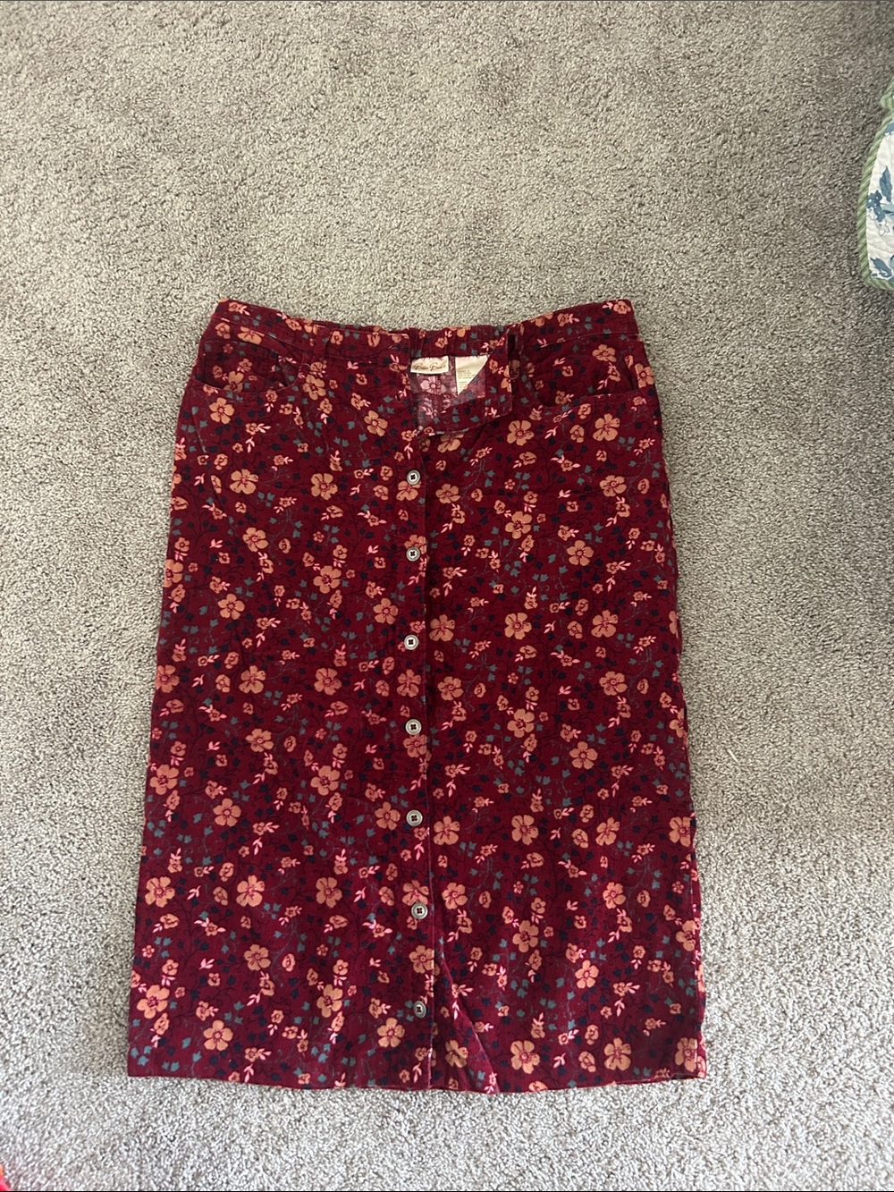 Bobbie Brooks Burgundy Floral Button-Front Midi Skirt